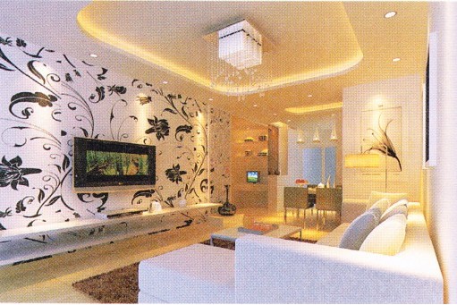 采用白底大格花圖案的壁紙使客廳視覺擴展